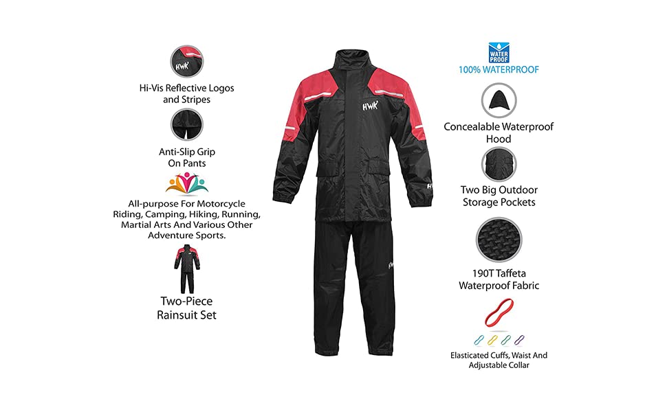 Hwk Motorcycle Rain Suit For Men And Women, Two-Piece Waterproof Motorcycle Rain Gear With Reflective Rain Jacket And Rain Pants For Weatherproof All-Season Riding, Red, X-Large