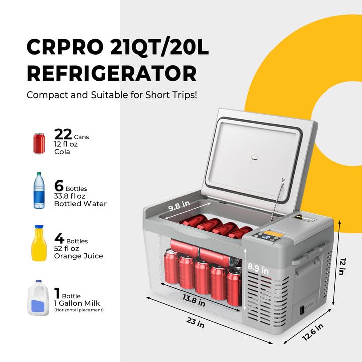 BougeRV 12V Refrigerator, CRPRO 21 Quart Portable Freezer, Compressor Cooler for Camping, Truck, RV, Grey