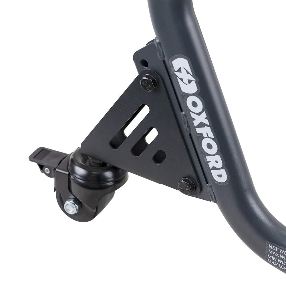 Oxford Rear Dolly Paddock Stand - Steel Motorcycle Workshop Equipment with Casters, Grey, Model OX296