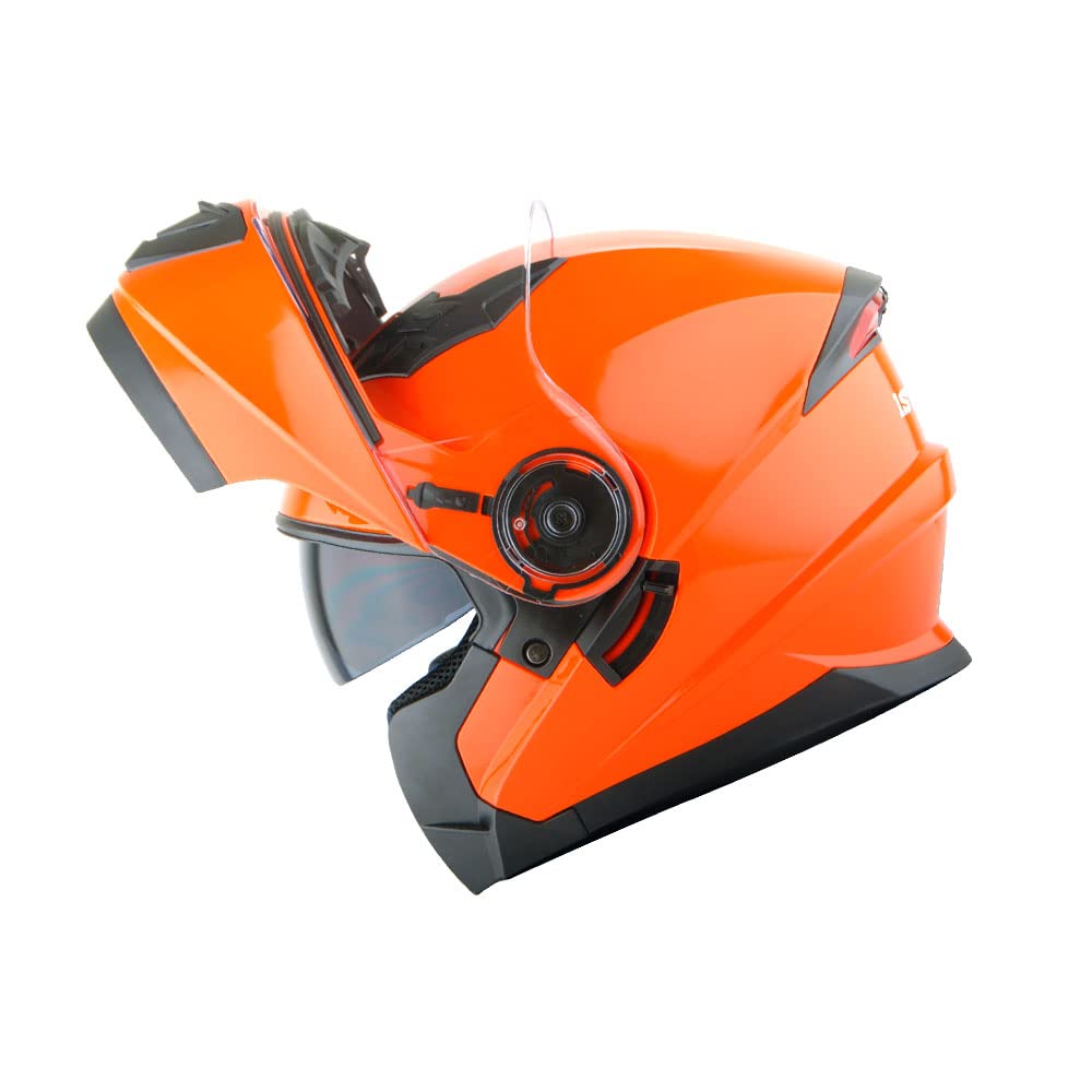 1Storm Modular Full Face Motorcycle Helmet - Medium, Plastic, Glossy Orange, Dual Visor, Model NOLED901Clear
