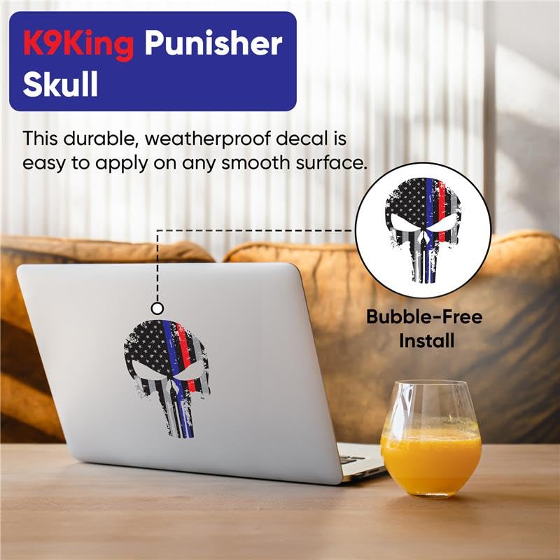 K9King Reflective Skull Decal - 5.5x4 Inch Thin Blue Line Sticker for Cars, Trucks, Laptops - Black & Blue, Model RedBluePun7