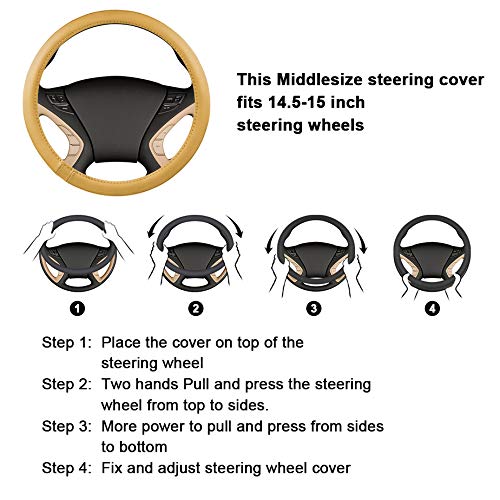 HAOKAY Heavy Duty Leather Steering Wheel Cover, 15" Universal Fit, Brown-1, Model AH-007