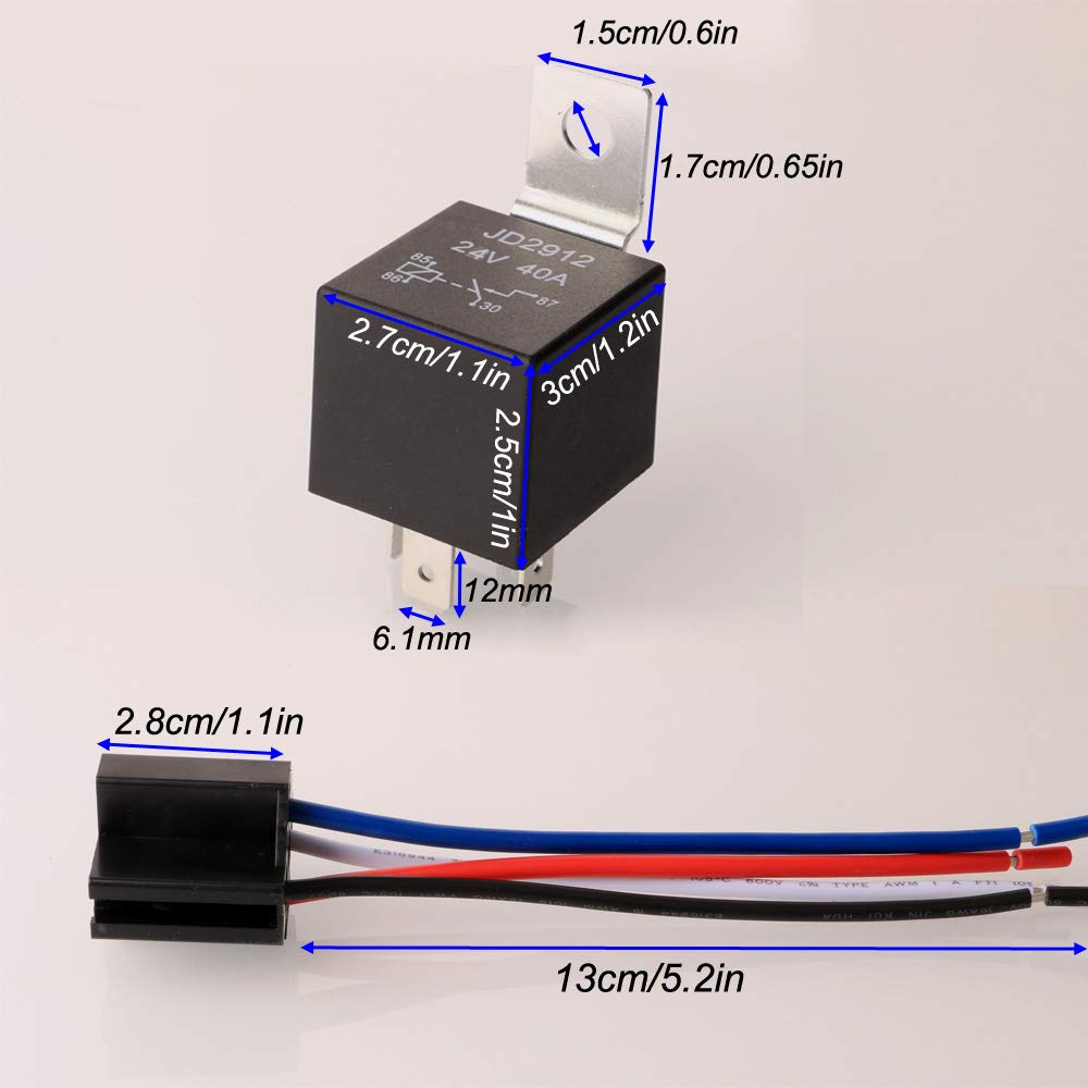 Gebildet JD2912 Car Relay with 12AWG Harness Sockets 24V 40A 4 Pin SPST with Color-Labeled Wires for Automotive Truck Van Motorc