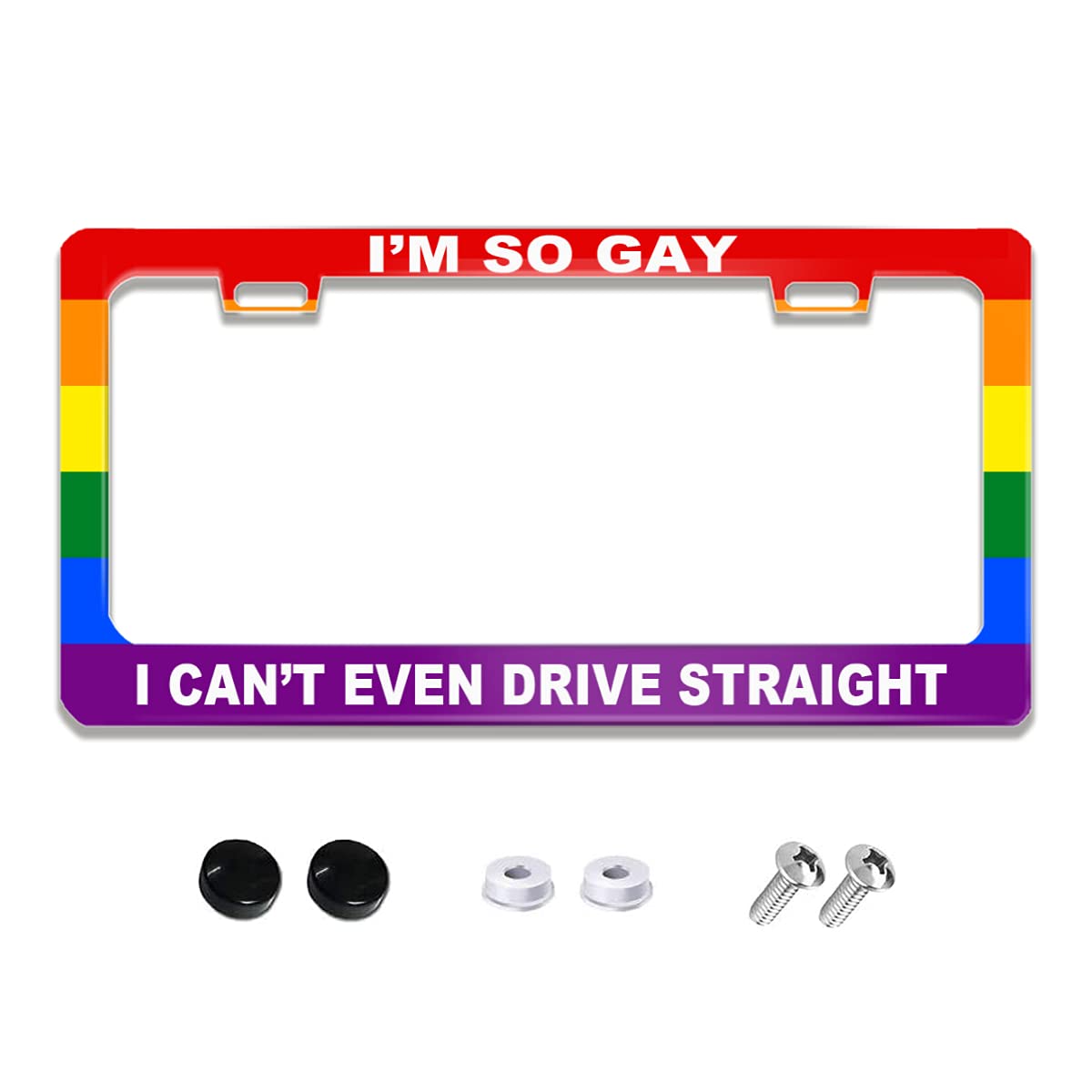 Funny License Plate Frame with Humor Text Gay Pride Rainbow Flag I'm So Gay I Can't Even Drive Straight Stainless Steels Black C
