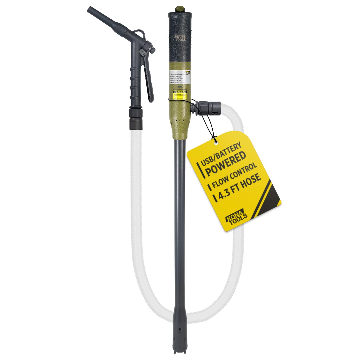 Portable Fuel Transfer Pump, Battery or USB-C Powered, 3.2 GPM Flow | Safety Nozzle, Slide Switch, 4.3ft Hose, Fits 3-20 Gallon 