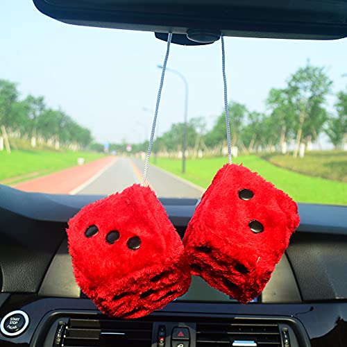 Fuzzy Plush Dice For Car Mirror, Pair Of Retro 3    Red Dice With Black Dots For Car Interior Hanging Ornament Decoration