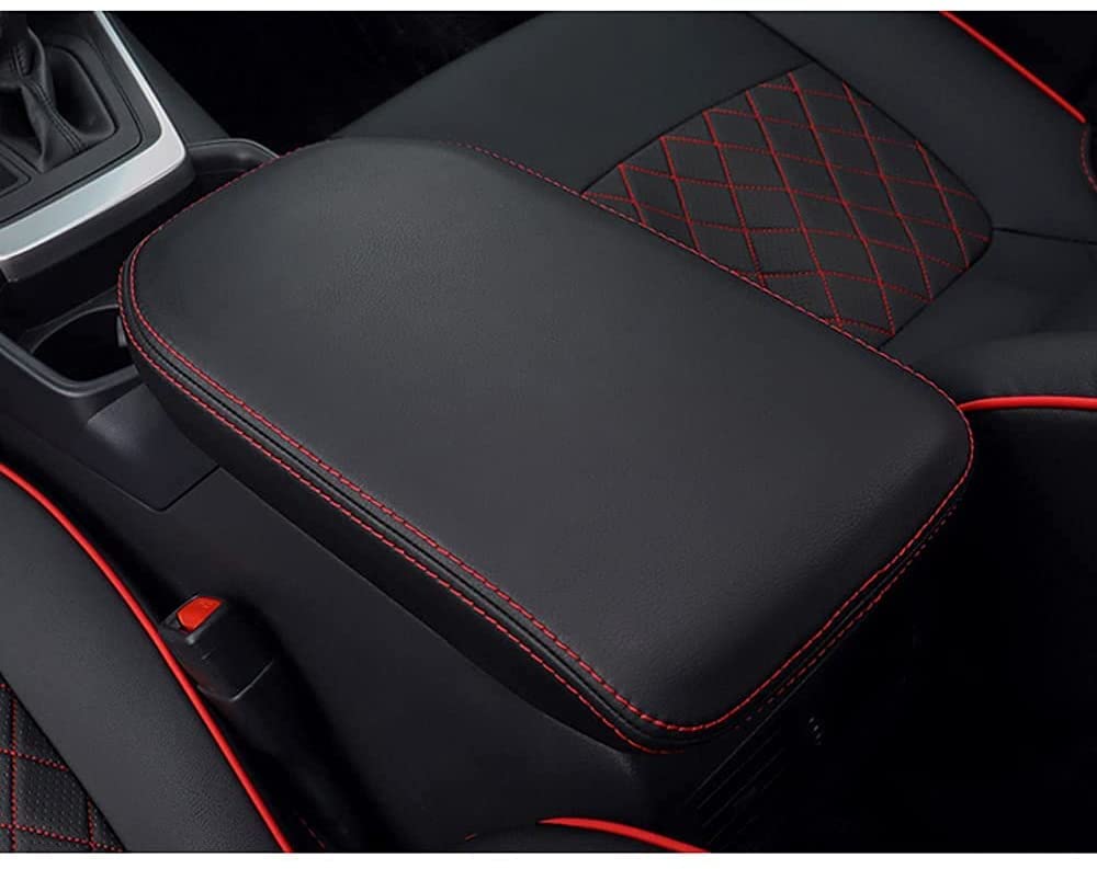 Auprite Center Console Armrest Cover For Toyota Rav4 2019-2023 2024, Auto Armrest Protector Organizer Pad For Rav4 Interior Accessories (Black With Red Stitches)