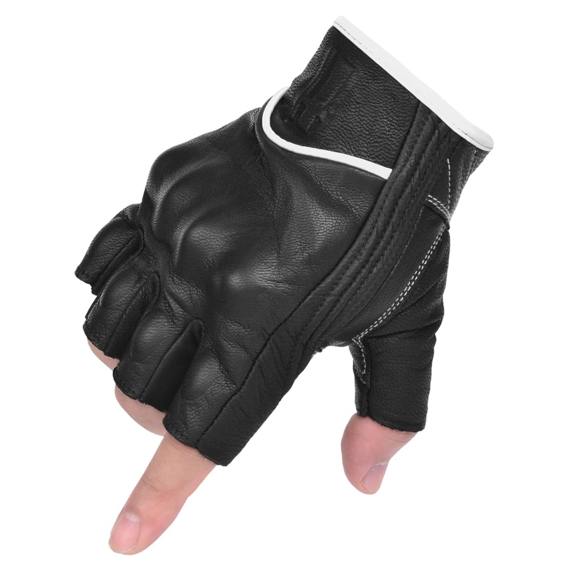 Harssidanzar Fingerless Motorcycle Gloves For Mens Leather Riding Driving Half Finger Gloves Gm037, Black/White, Size Medium