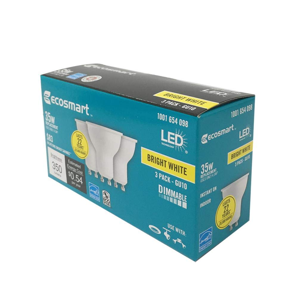 EcoSmart 35W MR16 GU10 Dimmable LED Light Bulb 3-Pack, Bright White, Model 1001 654 098