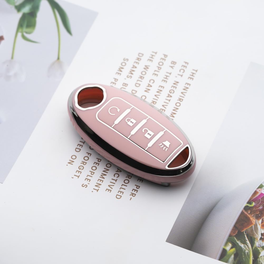 Tautrophen Key Fob Cover for Nissan Infiniti, 4 Buttons, TPU, Silver and Pink, Model RC403-YF