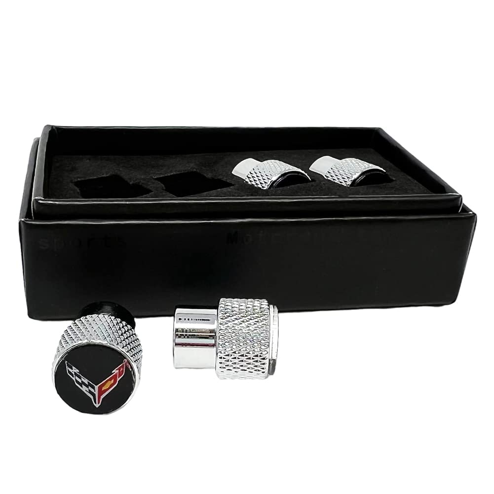C8 Corvette Aluminum Valve Stem Caps - Crossed Flags Logo Set of 4 for 2020-2025 Corvettes (Knurled)