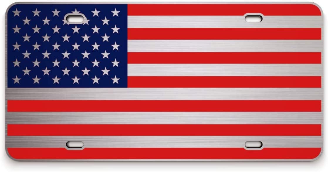 Not Made In China American Flag License Plate On 1/8 Brushed Aluminum Composite Heavy Duty Patriot Usa Car Tag