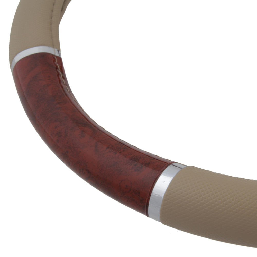 BDK Dark Wood Grain Steering Wheel Cover, 15" Universal Size, Beige Faux Leather Grip, Model SW-238-BG