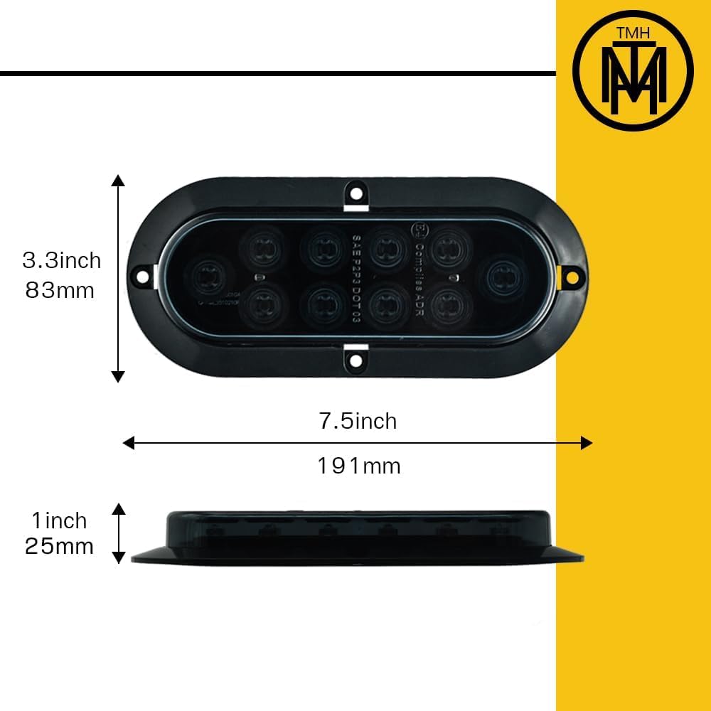 TMH 6" Oval Smoked Lens Red LED Trailer Tail Light - Waterproof, 10 LED, Surface Mount, 12V DC, 2PCS