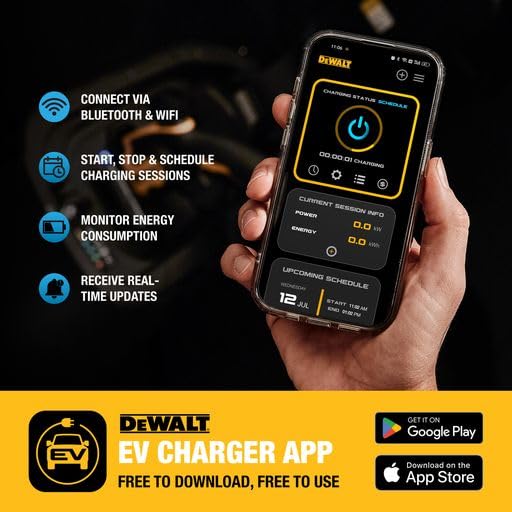 DEWALT Level 2 EV Charger, 40 Amps, 240V, Bluetooth & Wi-Fi, NEMA 14-50 Plug, Wall Mounted, 25 ft. Cable, Model