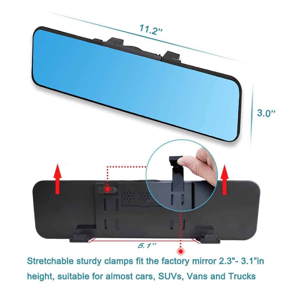 SkycropHD Wide Angle Anti Glare Rear View Mirror - 11.2in Blue Clip-On, Model ZLJ-285, Eliminates Blind Spots, Glass Material