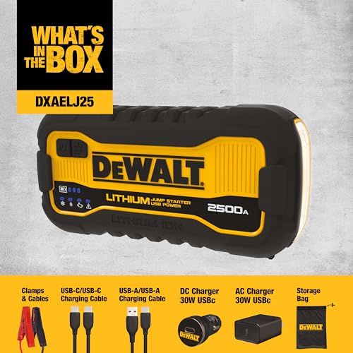 DEWALT DXAELJ25 Portable Lithium Jump Starter, 2500 Peak Amp, 25W Type C, 15W Type A, 60W Type C in/Out