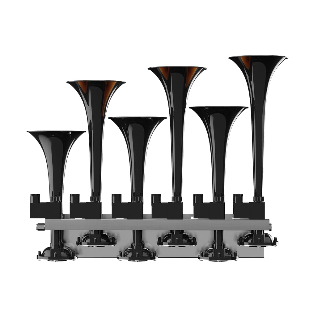 BASURI® Musical Air Horn - 12/24 Volt, 130 DB, 31 Melodies, Stainless Steel, Baby Shark 1.0, Yellow & Black, 6 Trumpets