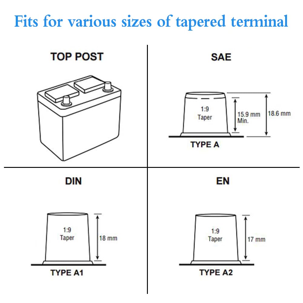 Vgate 6X00 (2/0) Awg Gauge Lead-Acid Battery Terminals Clamp - Positive And Negative (+/-)(Pair) For Tapered Top Post
