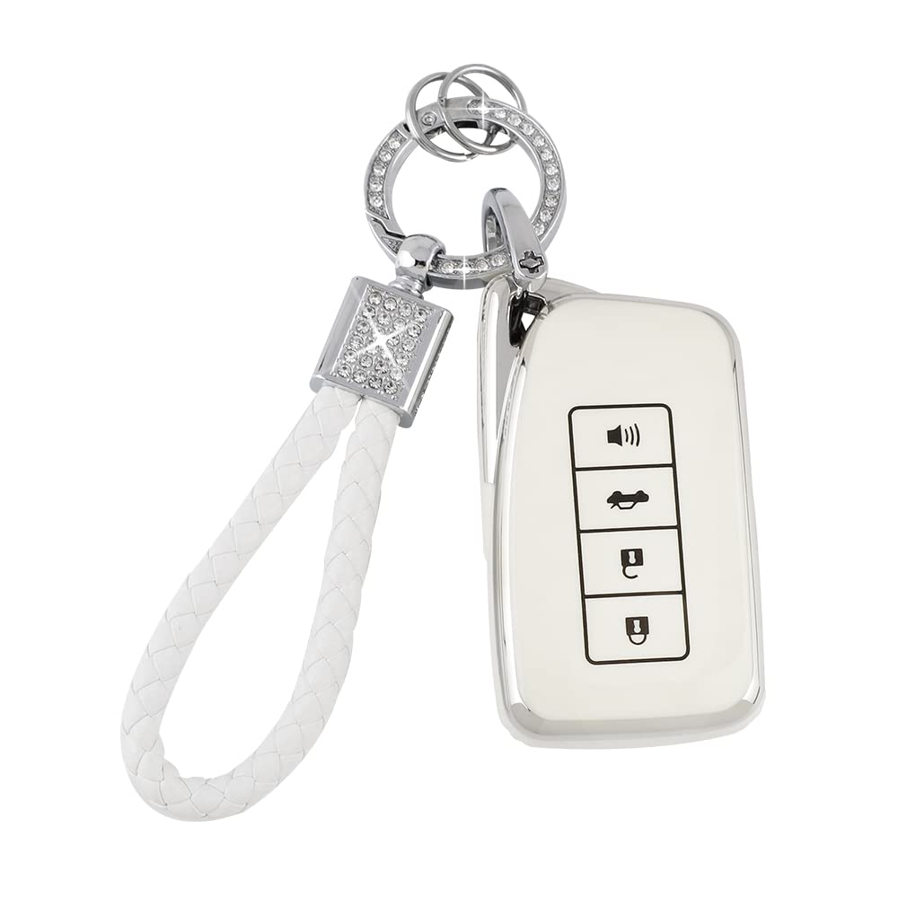 Pifoog White Key Fob Cover For Lexus Rx Nx Is Es Gs Ls Rc 4 -Button Smart Keys Case Protector Soft Tpu Glittering Keychain Lanyard Car Accessories Girly Cute