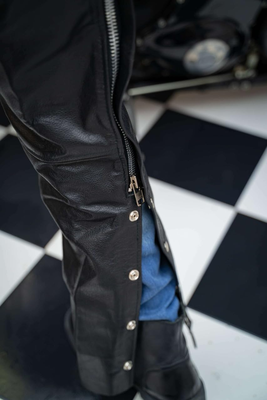 Vance Leather Black Motorcycle Leather Chaps, Mens Premium Leather Fully Lined – Coin Pocket For Motorcycle Riders (7X-Large, Black)