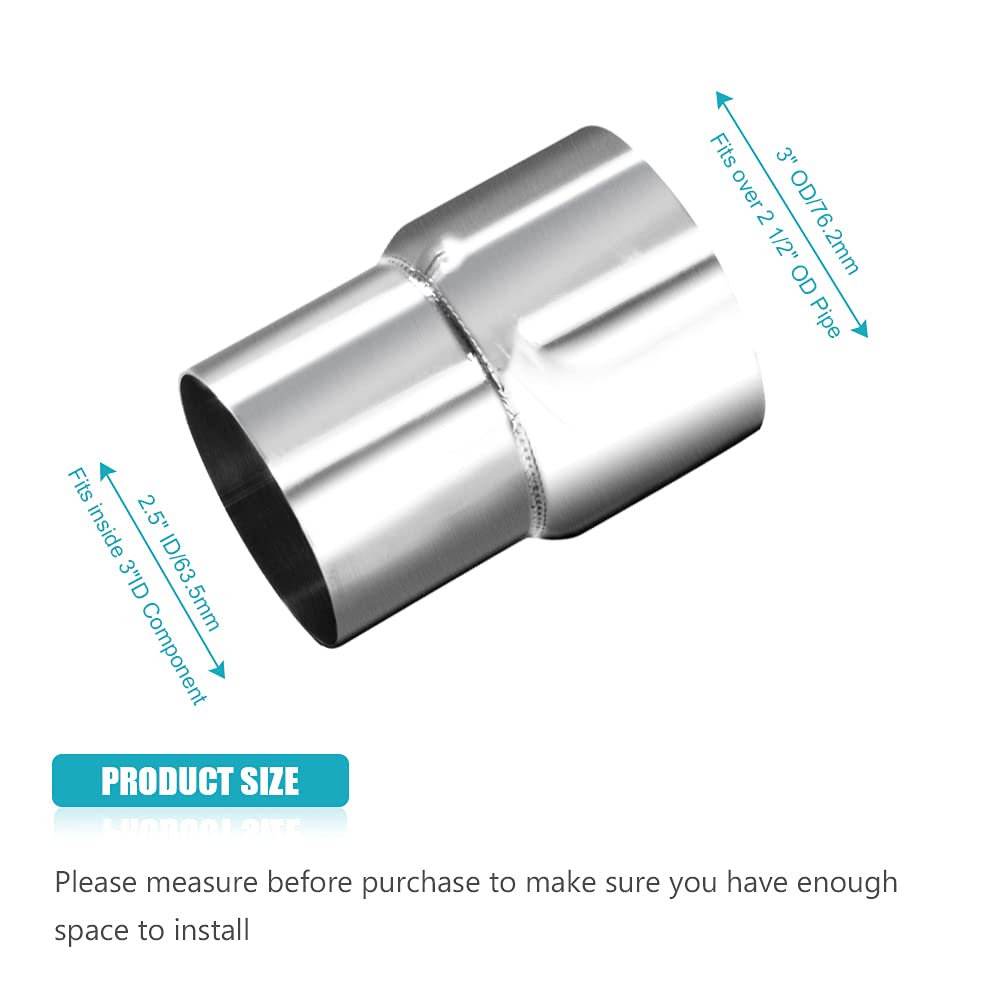 Universal 2.5'' ID to 3'' OD Exhaust Pipe Adapter Connector Reducer 304 Stainless Steel 2.5 Inch to 3.0 Inch 2 1/2    ID to 3.0