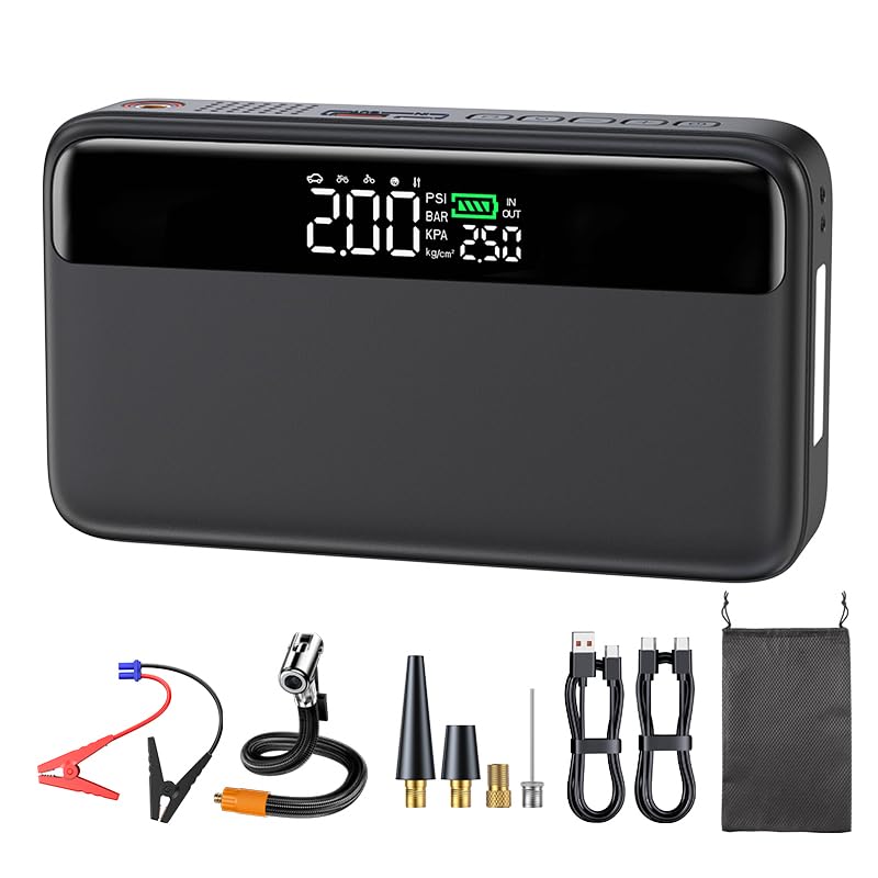 PD 65W Portable Car Jump Starter with Air Compressor,3000A Portable Jump Starter Pack with 150PSI Tire Inflator,(Up to 8L Gas/6.