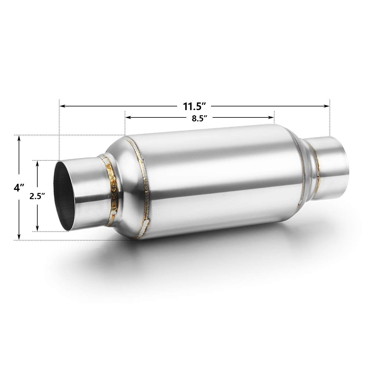A-Karck 2.5' Inlet Exhaust Resonator, 2.5' Inlet 2.5' Outlet 11.5' Overall Length Muffler Resonator Stainless Steel Polished