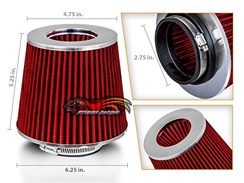 Red 2.75 70 Mm Inlet Cold Air Intake Cone Replacement Quality Performance Washable Clamp-On Dry Air Filter