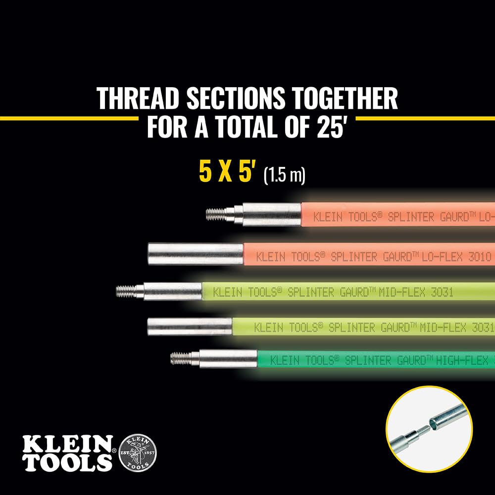 Klein Tools 50254 Multi-Flex Glow Fish Rod With Splinter Guard Coating, (5) Fish Rods With Bullet Nose, Magnet, Chain Attachment