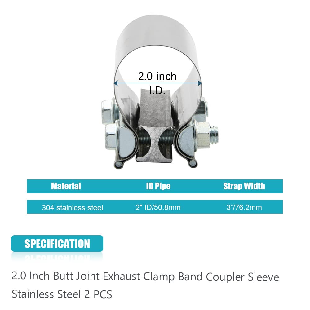 2'' 2.0 Inch Exhaust Clamp Butt Joint Band Clamp Sleeve Coupler Stainless Steel 2.0 Inch For Exhaust Pipes, Mufflers And Catalyt