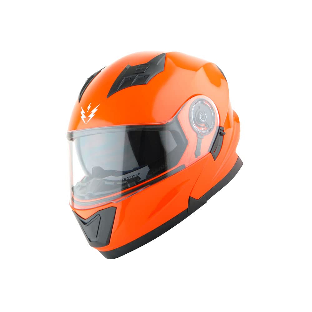 1Storm Modular Full Face Motorcycle Helmet - Medium, Plastic, Glossy Orange, Dual Visor, Model NOLED901Clear