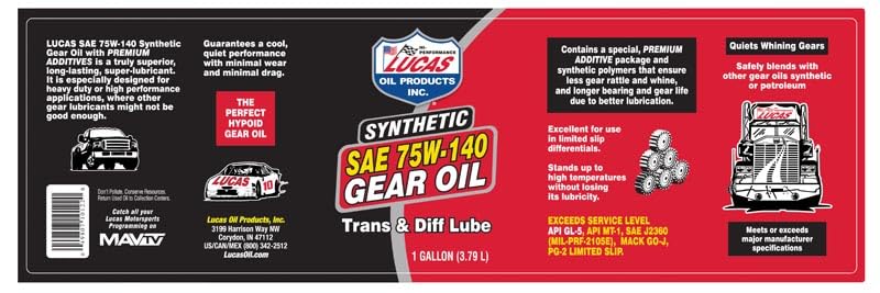 Lucas Oil 10122 Synthetic Gear Oil 75W-140 - 1 Gallon Pack of 4