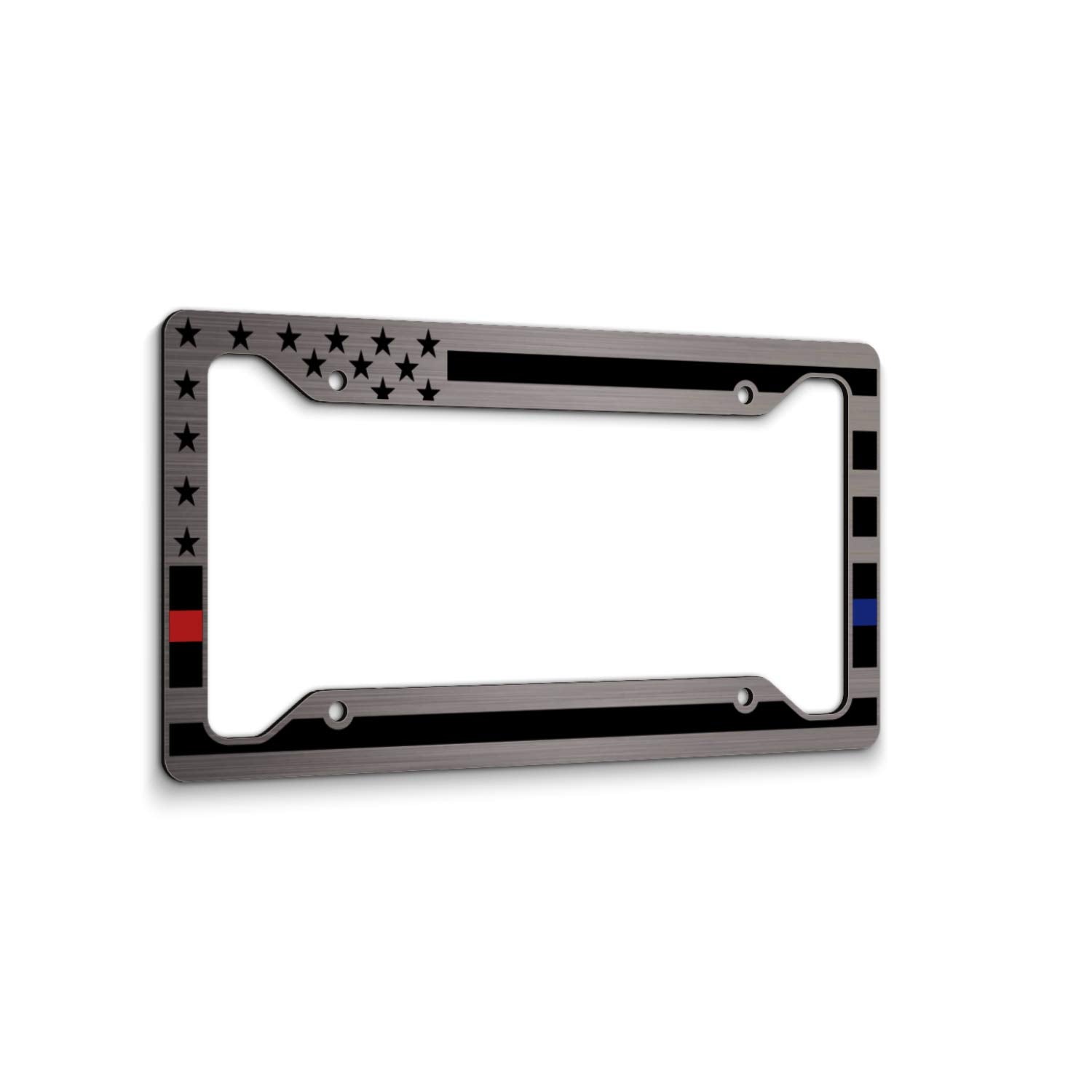 American Flag License Plate Frame - Thin Red Line Thin Blue Line- Car Tag Frame -Red Blue On Brushed Police Firefighter