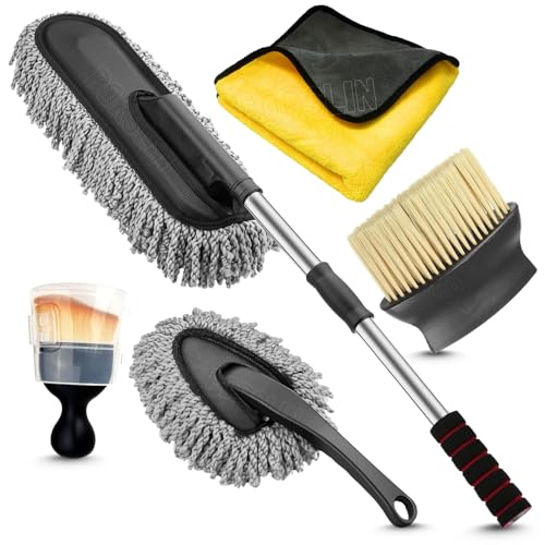 Porslin 5 Pcs Microfiber Car Duster Kit  Extendable Long Handle Car Cleaning Accessories  Interior & Exterior Detailing Brush
