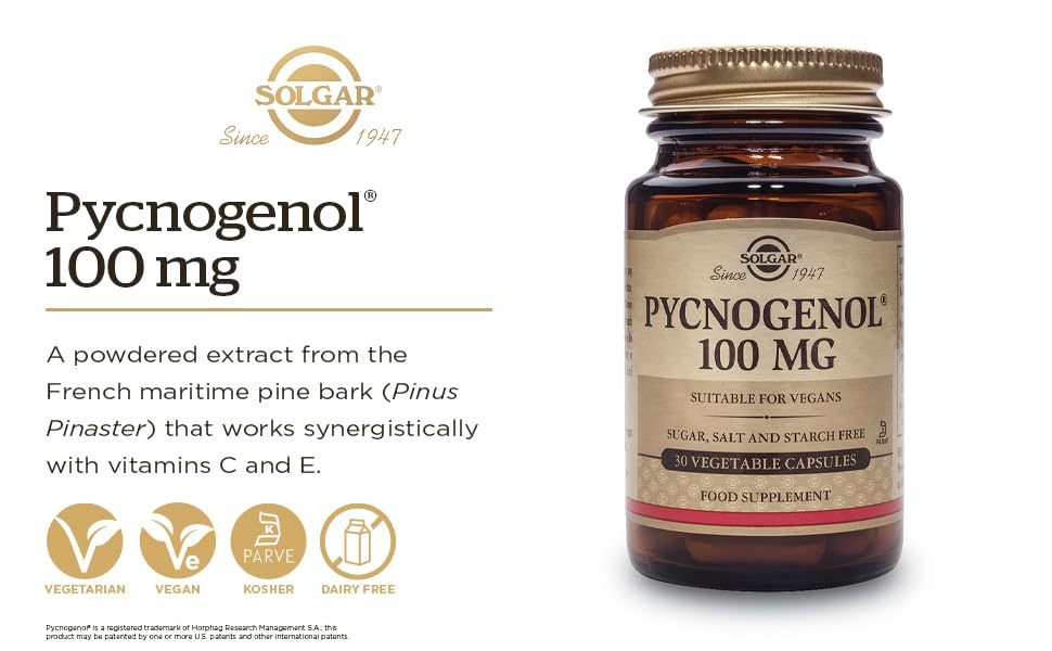 SOLGAR Pycnogenol 100 mg - Antioxidant Support, 30 Vegan Capsules, Non-GMO, Gluten Free, Kosher, Model 30225