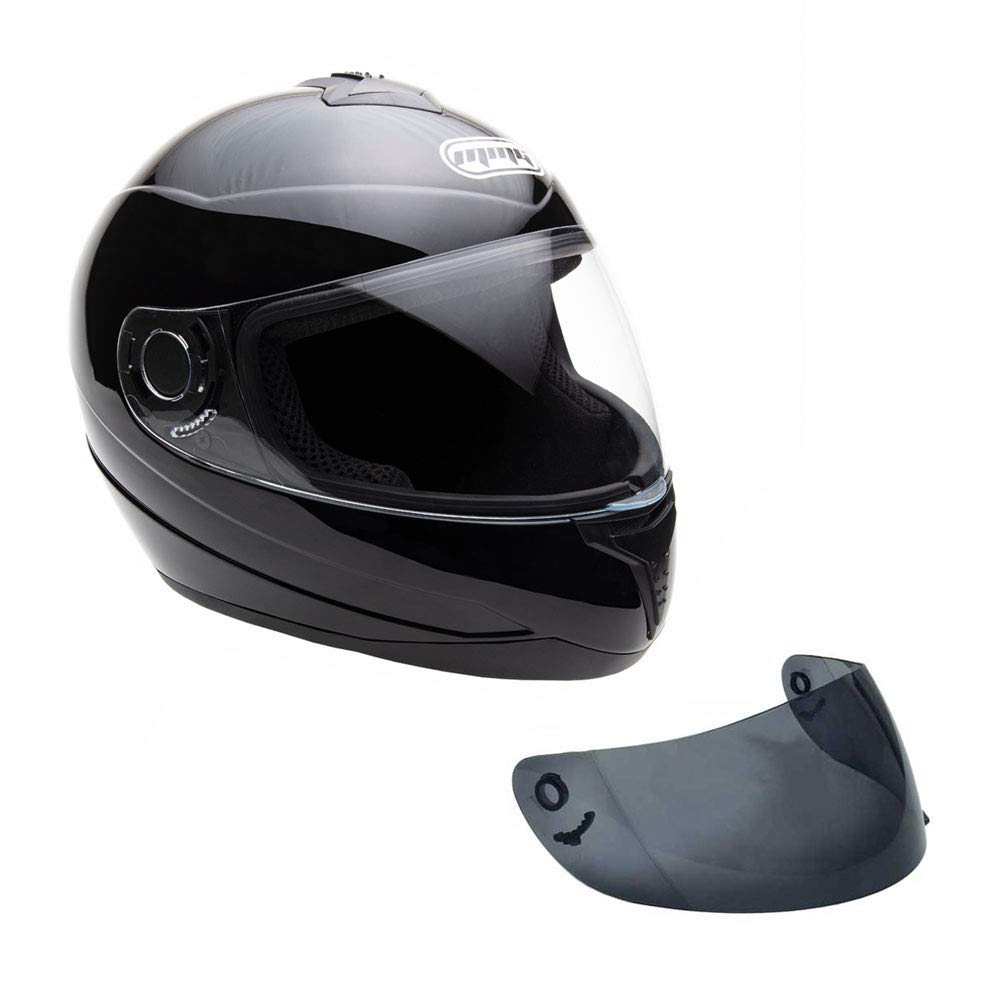 MMG Motorcycle Full Face Helmet DOT Street Legal Comes with Clear Shield and Spare Smoked Shield (MGAH26) (Shiny Black, Large)