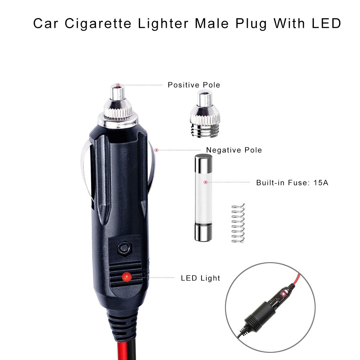[5Pack] 12V 15Amp Fuse Replacement Cigarette Lighter Male Plug With Lead - Car Charger Heavy Duty Replacement Kit For 12V Dc Aut