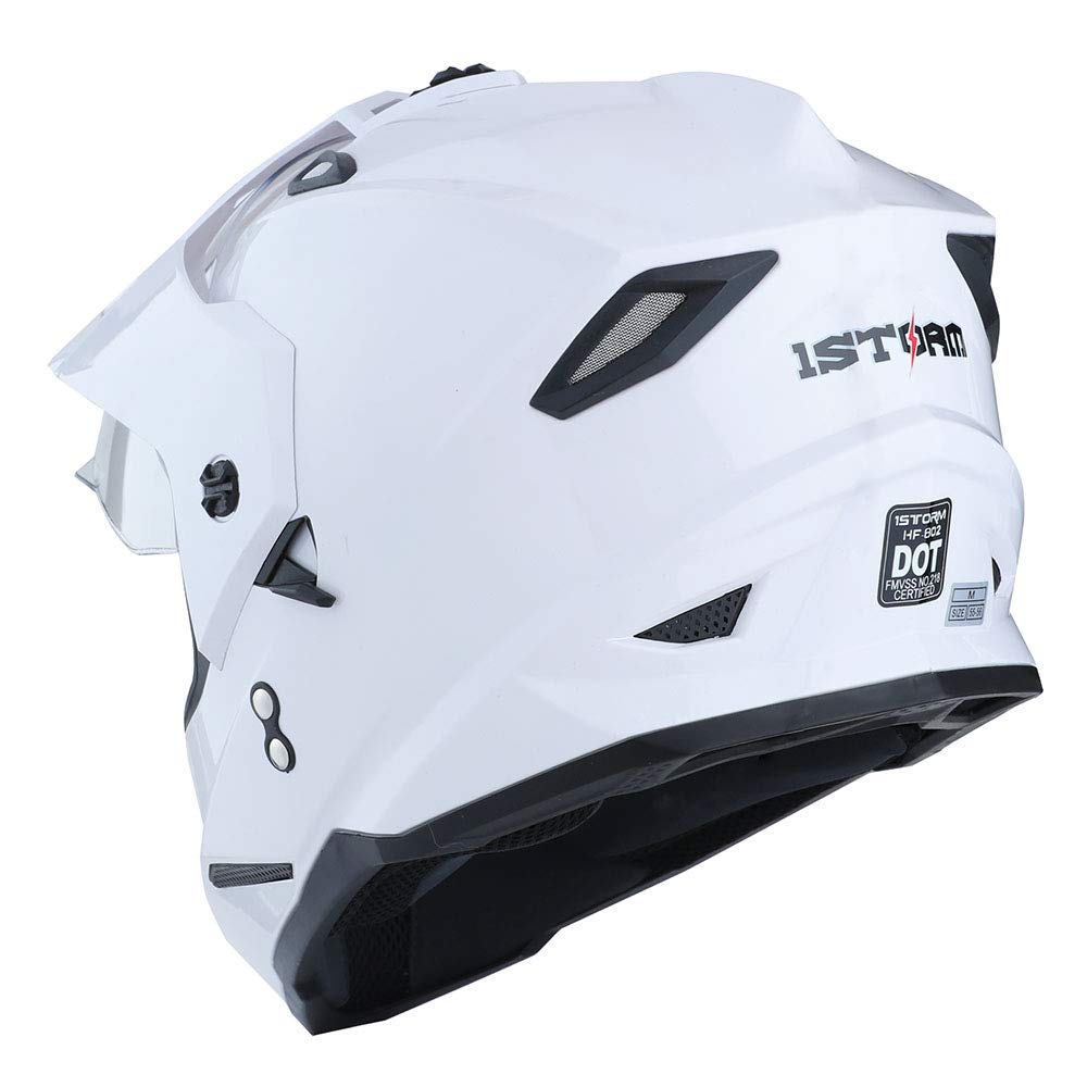 1Storm Dual Sport Motorcycle Motocross Off Road Full Face Helmet Dual Visor Glossy White, Size L (57-58 Cm 22.4/22.8 Inch)