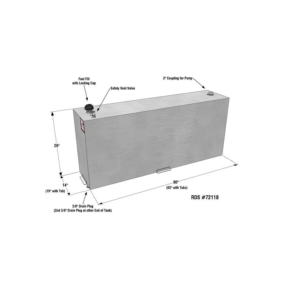Rds Mfg Inc 72118 Vertical Transfer Fuel Tank - 90 Gallon Capacity 60' L X 14' W X 26' H, Silver Mill Finish Aluminum