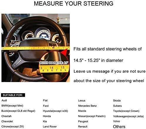 Valleycomfy Steering Wheel Covers Universal 15 Inch - Genuine Leather, Breathable, Anti Slip & Odor Free (White Line, M(14 '' 1/