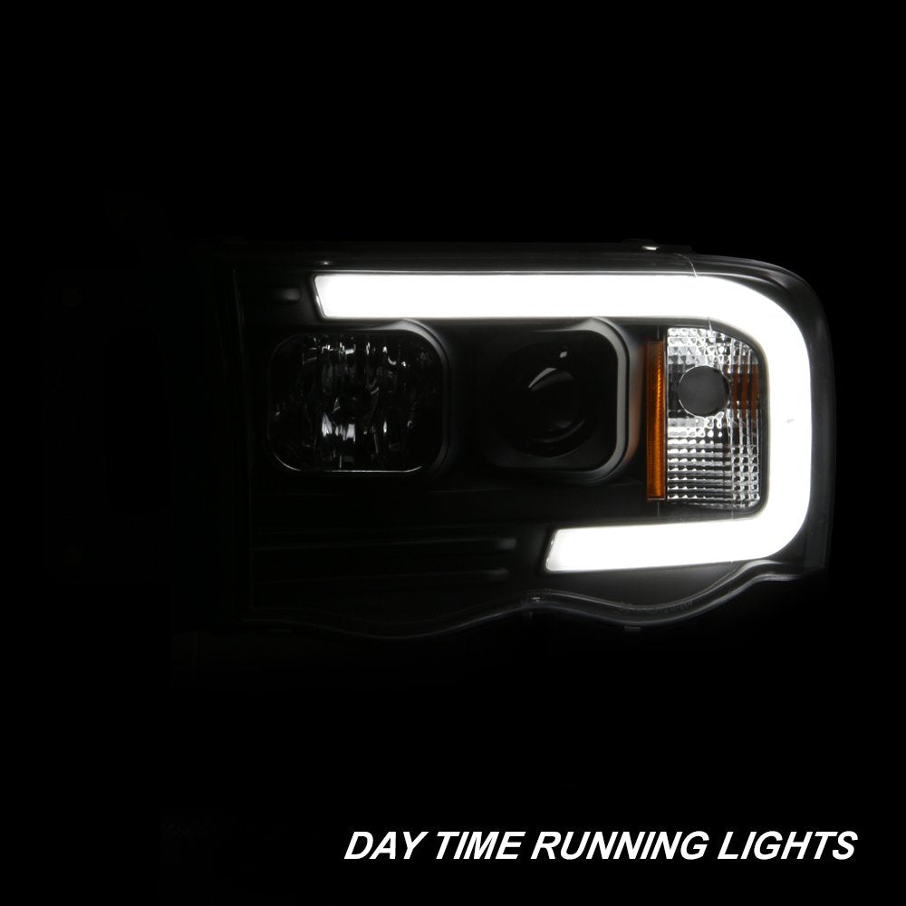 AKKON Black LED Tube Projector Headlights for 2002-2005 Dodge Ram 1500/2500/3500 – Left & Right Pair, Low Beam Halogen