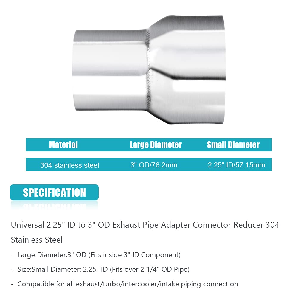 2 PCS Universal 2.25'' ID to 3'' OD Exhaust Pipe Adapter Connector Reducer 304 Stainless Steel 2.25 Inch to 3.0 Inch 2 1/4    ID