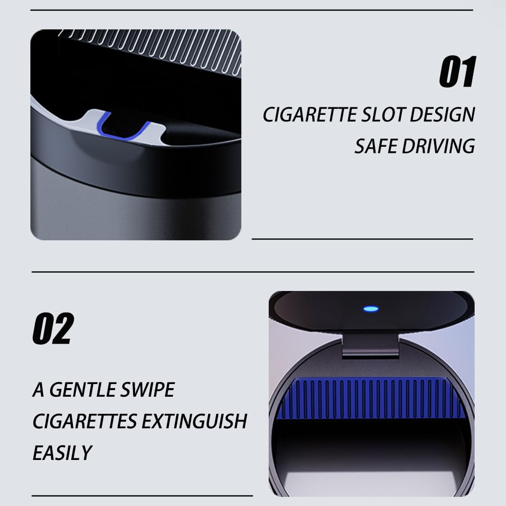 Tmengdao Smokeless Ashtray with Lid, Detachable Stainless Steel, LED Light, 11cm x 7cm, Grey, Model YHG02-2