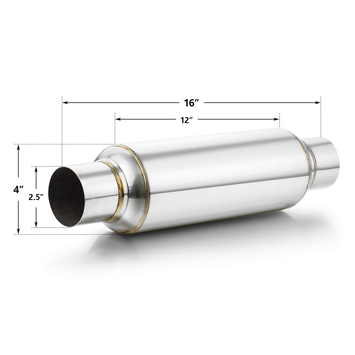 2.5' Inlet Resonator, A-Karck Stainless Steel Polished 2.5' Inlet 2.5' Outlet 16' Overall Length Exhaust Resonator Muffler Straight Through Design