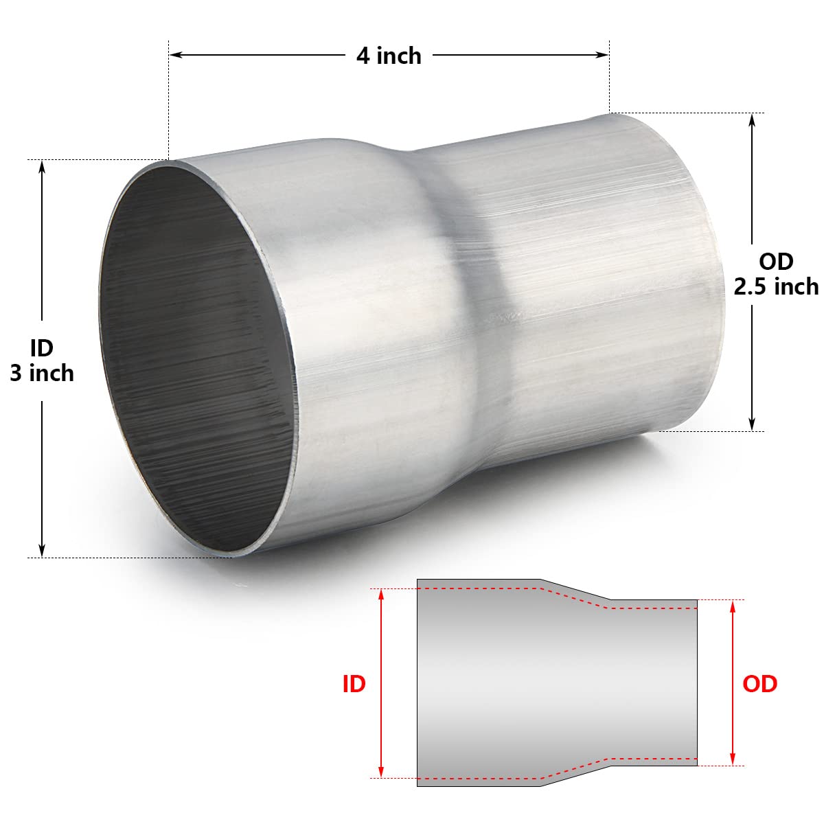 A-Karck Exhaust Adapter Connector 2.5'' Od To 3'' Id, Exhaust Pipe Reducer 304 Stainless Steel, 4'' Overall Length