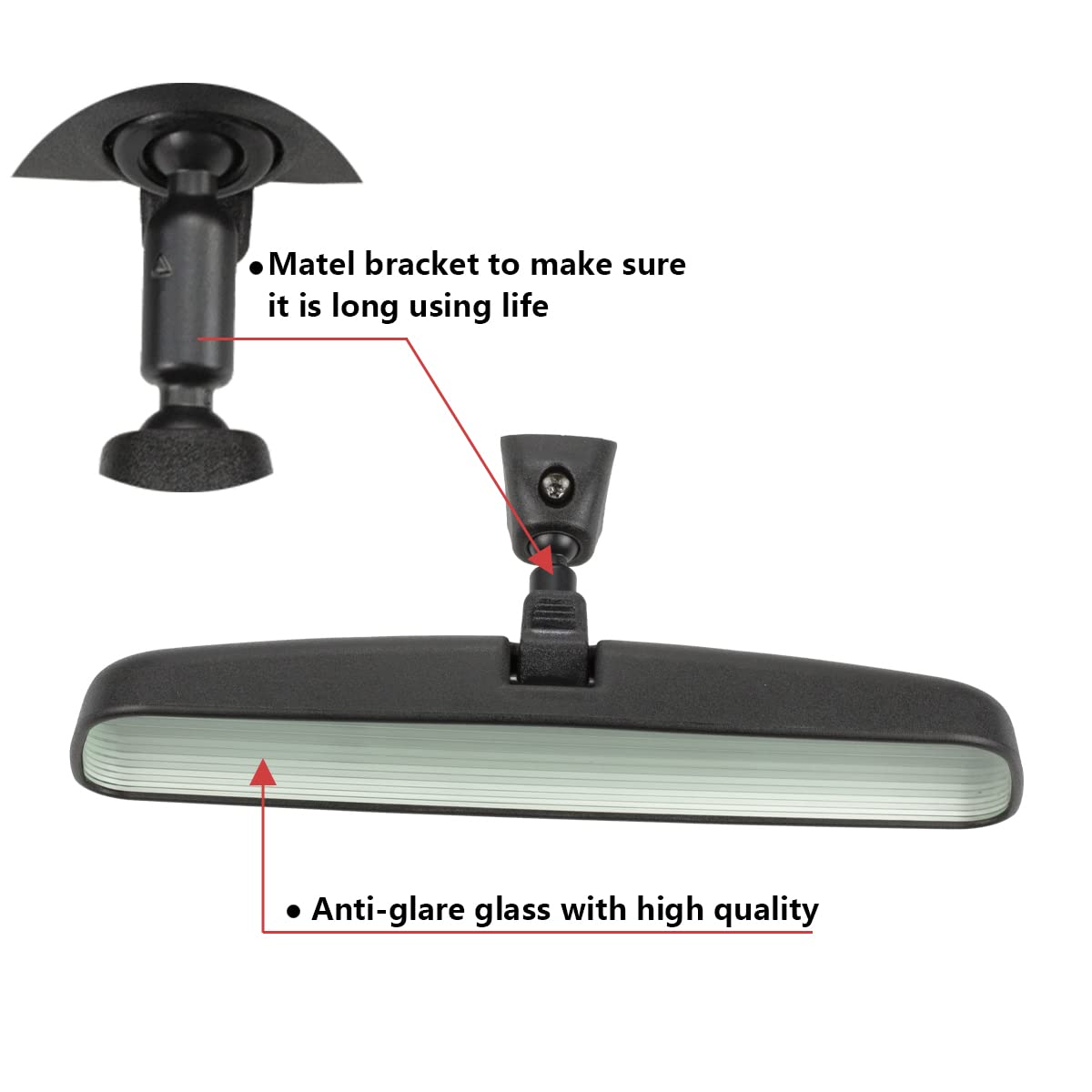 RLB-HILON 10.6" Rear View Mirror, Black Glass, Universal Fit for Jeep Wrangler, Kia, Nissan, Toyota, Ford, Honda