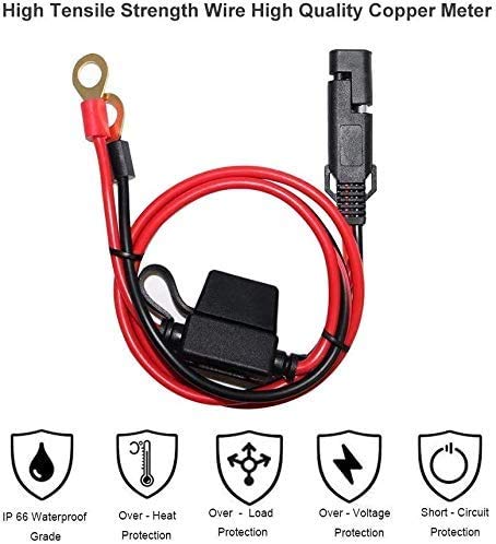 2Ft Motorcycle Battery Charger Cord - Sae To O Ring Terminal Quick Disconnect Assembly Extension Cable, Sae 2Pin Wire Harness Re