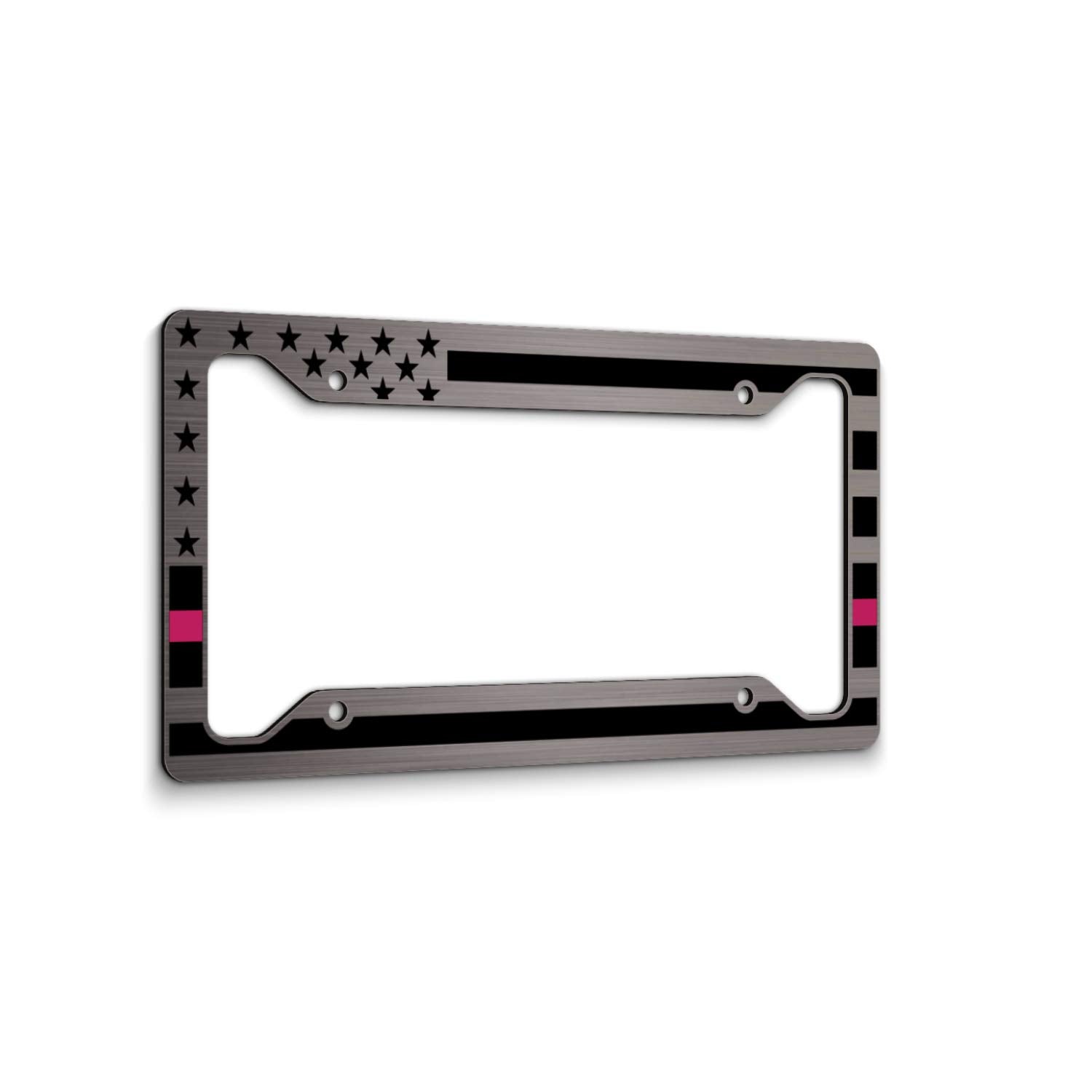 American Flag License Plate Frame - Thin Pink Line- Car Tag Frame -Pink On Brushed Breast Cancer Awareness