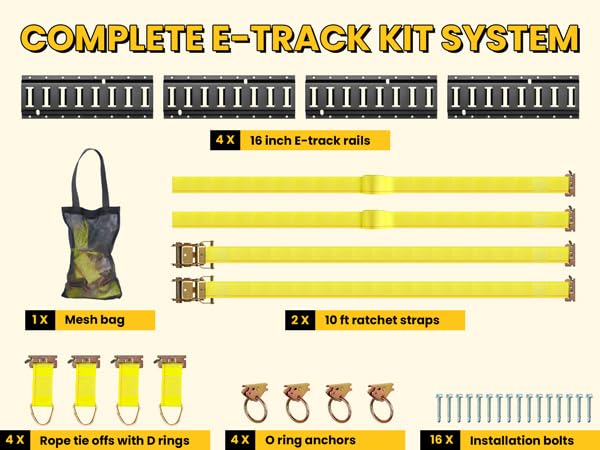 E Track Tie-Down Rail Kit, Trailer Tie Downs, 31 Pcs Set Etrack kit, 4 Rails, 4 Rope Tie Offs, 4 O Ring Anchors, 2 10ft Straps,
